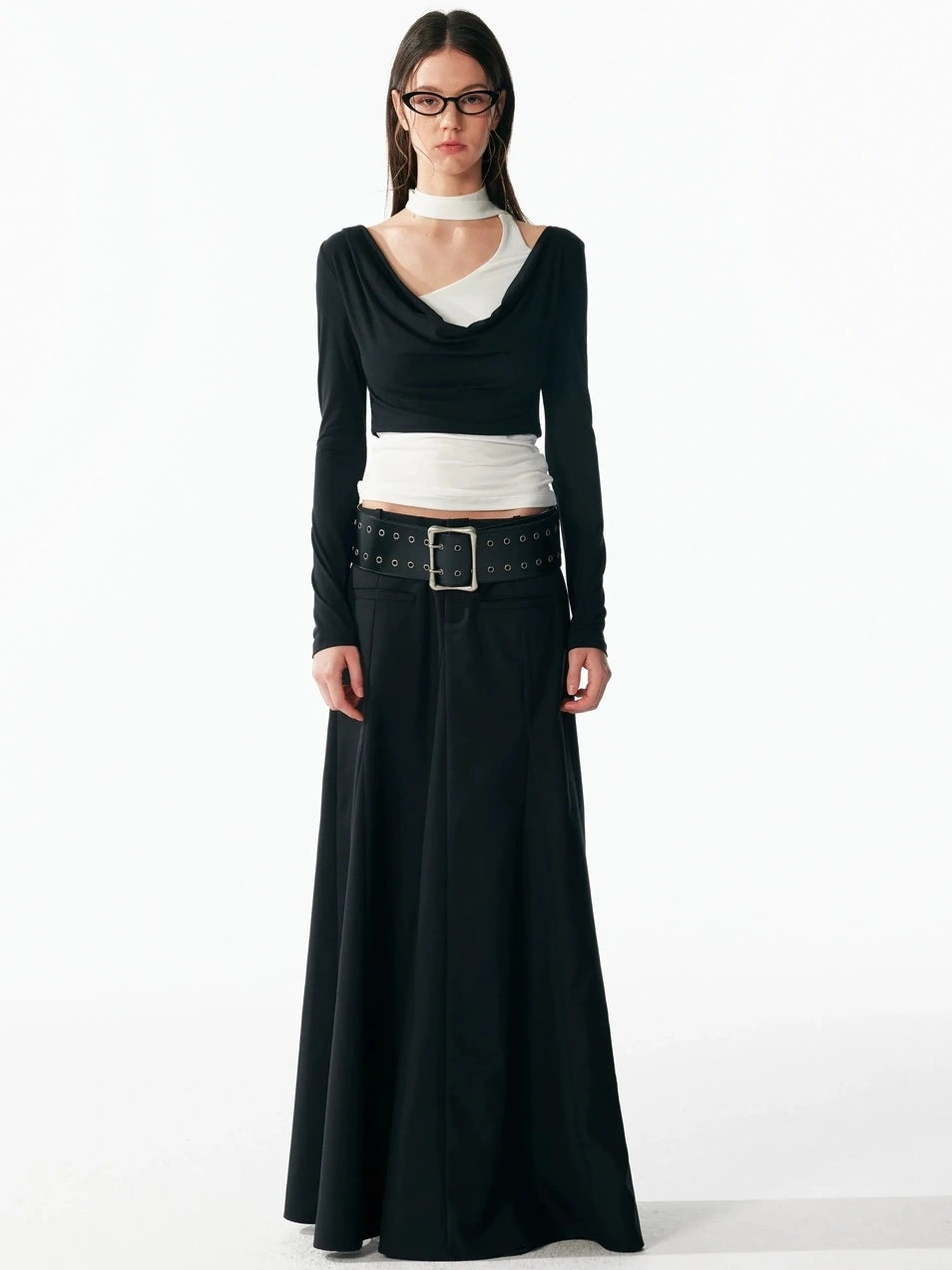 ALINNV STUDIO Classic Black A Line Low Waist Tailored Long Skirt Skirt