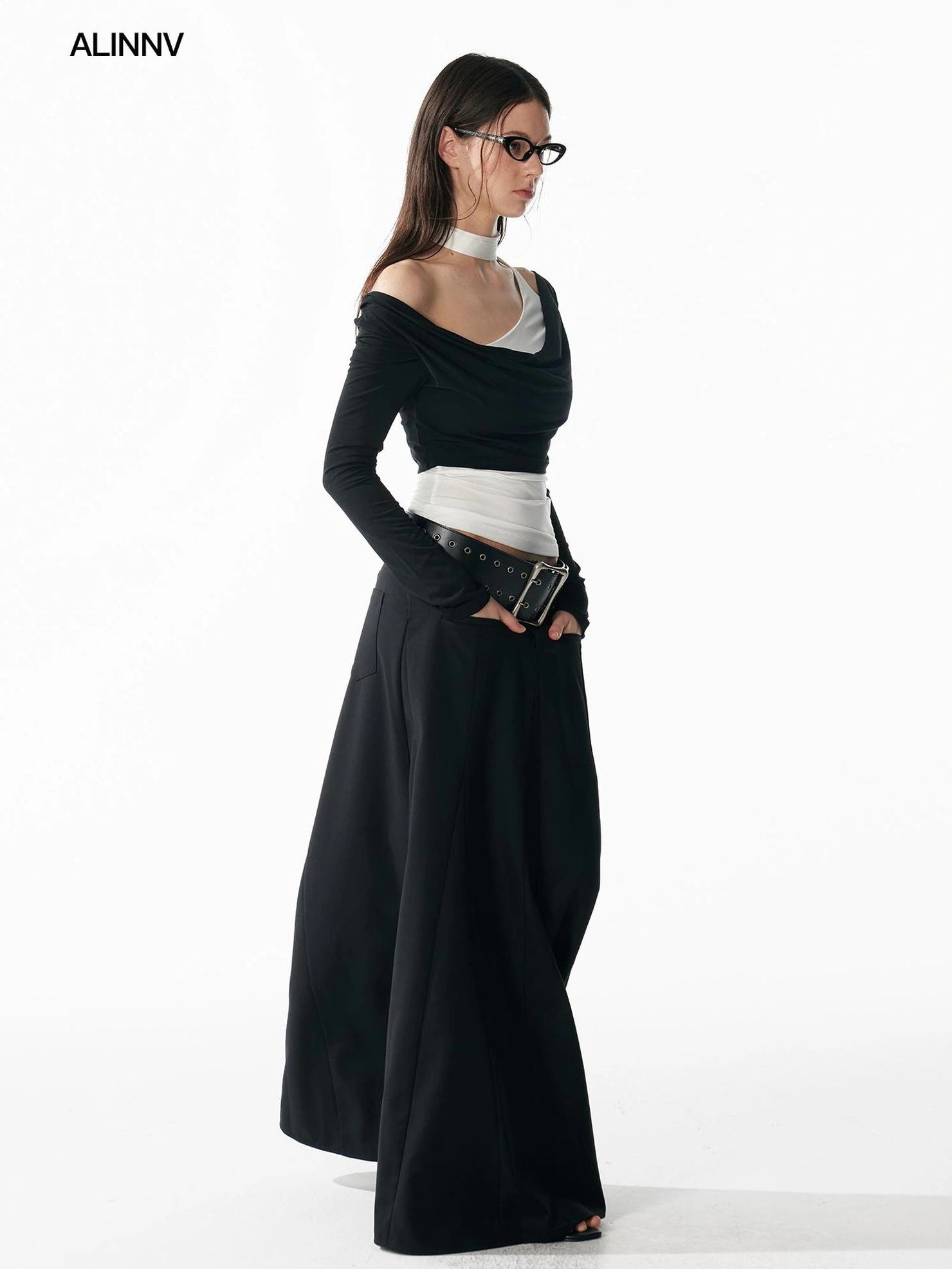 ALINNV STUDIO Classic Black A Line Low Waist Tailored Long Skirt Skirt