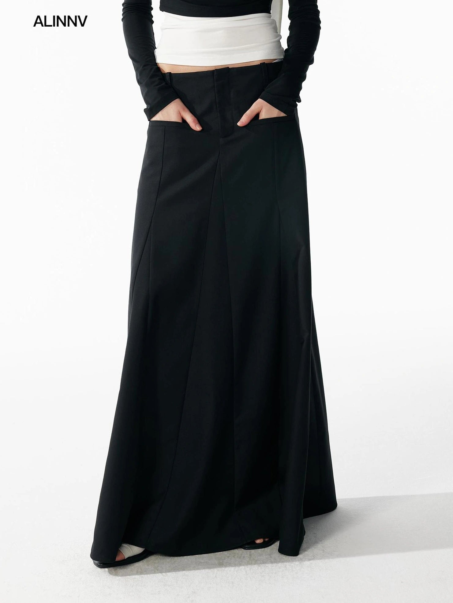 ALINNV STUDIO Classic Black A Line Low Waist Tailored Long Skirt Skirt