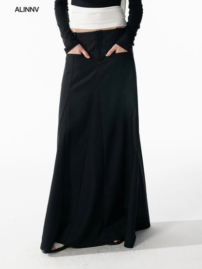 ALINNV STUDIO Classic Black A Line Low Waist Tailored Long Skirt Skirt