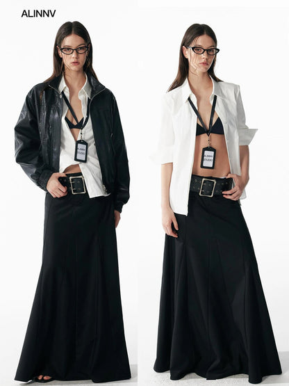 ALINNV STUDIO Classic Black A Line Low Waist Tailored Long Skirt Skirt
