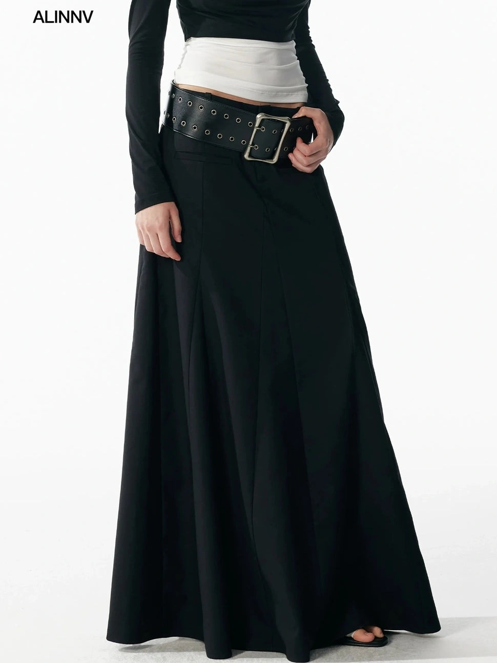 ALINNV STUDIO Classic Black A Line Low Waist Tailored Long Skirt Skirt