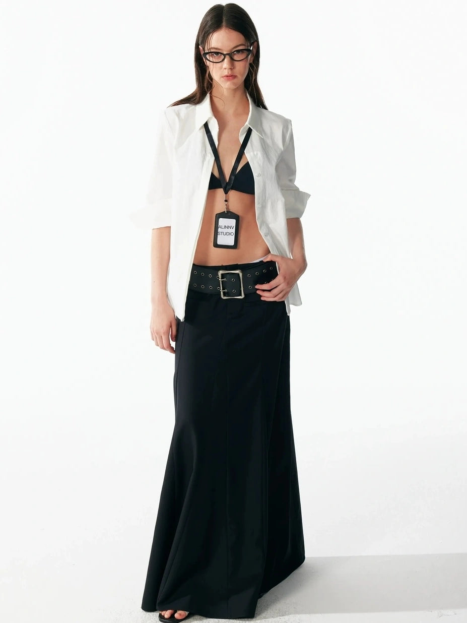ALINNV STUDIO Classic Black A Line Low Waist Tailored Long Skirt Skirt