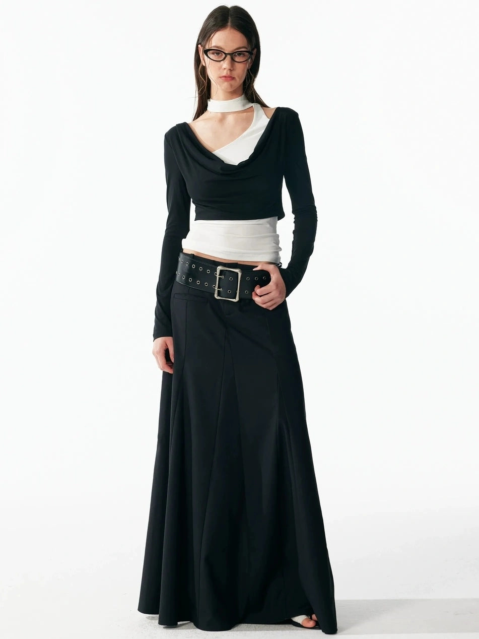 ALINNV STUDIO Classic Black A Line Low Waist Tailored Long Skirt Skirt