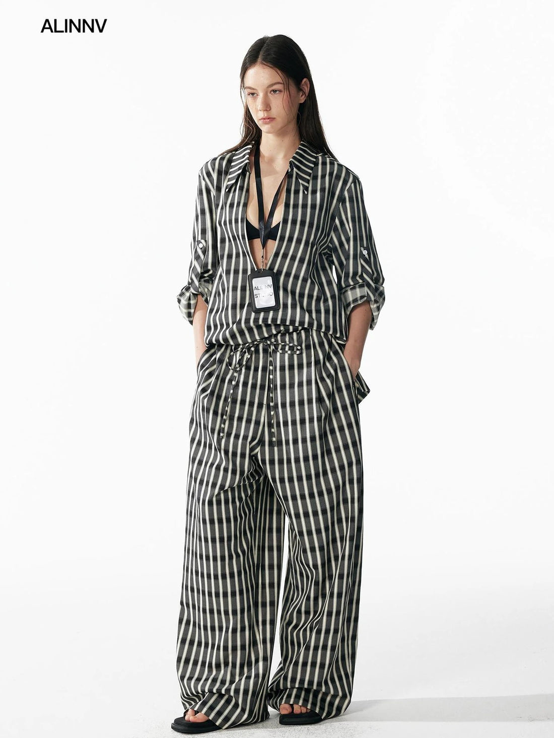 ALINNV STUDIO Classic Check Deep V Long Sleeve Shirt &amp; Wide Leg Pants Set Shirts