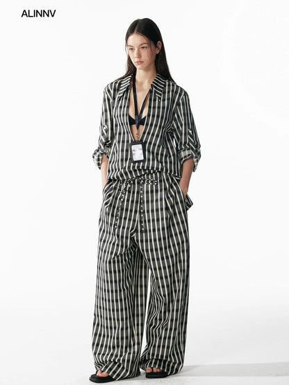ALINNV STUDIO Classic Check Deep V Long Sleeve Shirt &amp; Wide Leg Pants Set Shirts