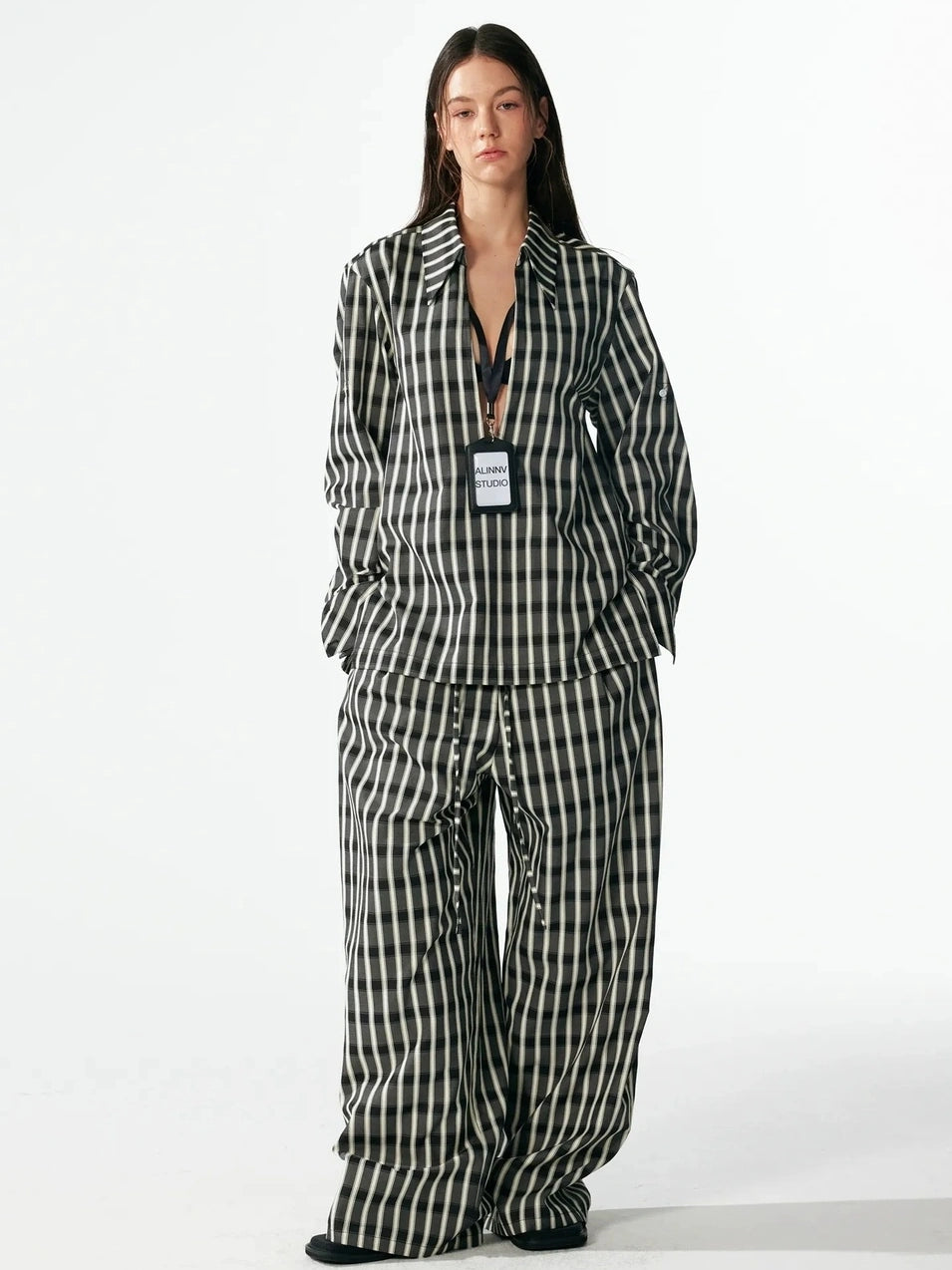 ALINNV STUDIO Classic Check Deep V Long Sleeve Shirt &amp; Wide Leg Pants Set Shirts