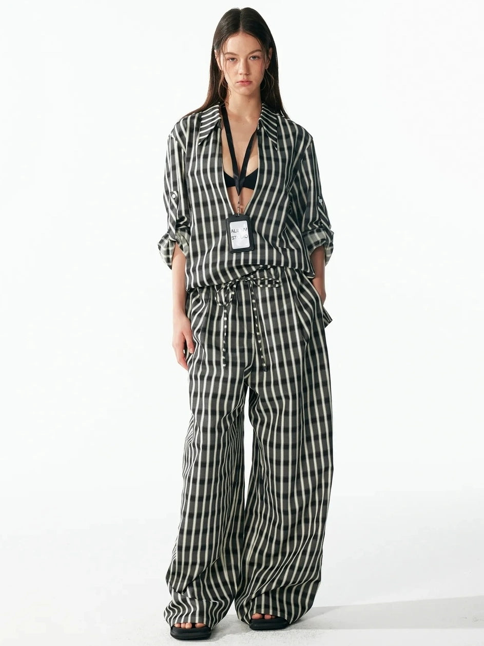 ALINNV STUDIO Classic Check Deep V Long Sleeve Shirt &amp; Wide Leg Pants Set Shirts