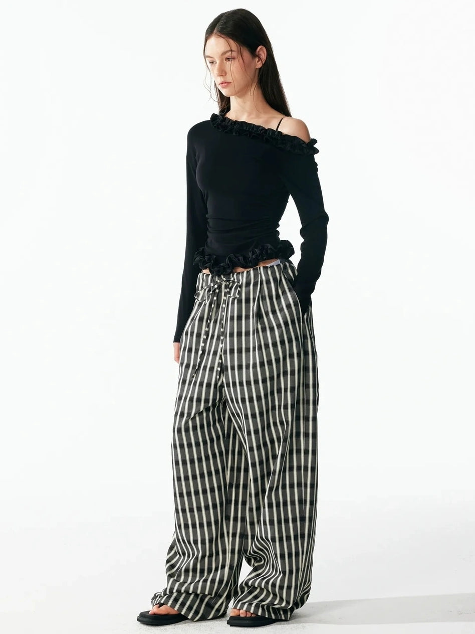 ALINNV STUDIO Classic Check Deep V Long Sleeve Shirt &amp; Wide Leg Pants Set Shirts