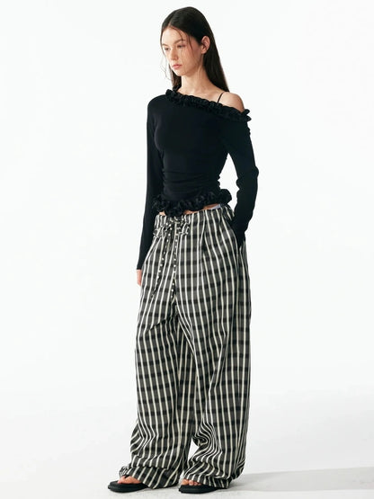ALINNV STUDIO Classic Check Deep V Long Sleeve Shirt &amp; Wide Leg Pants Set Shirts
