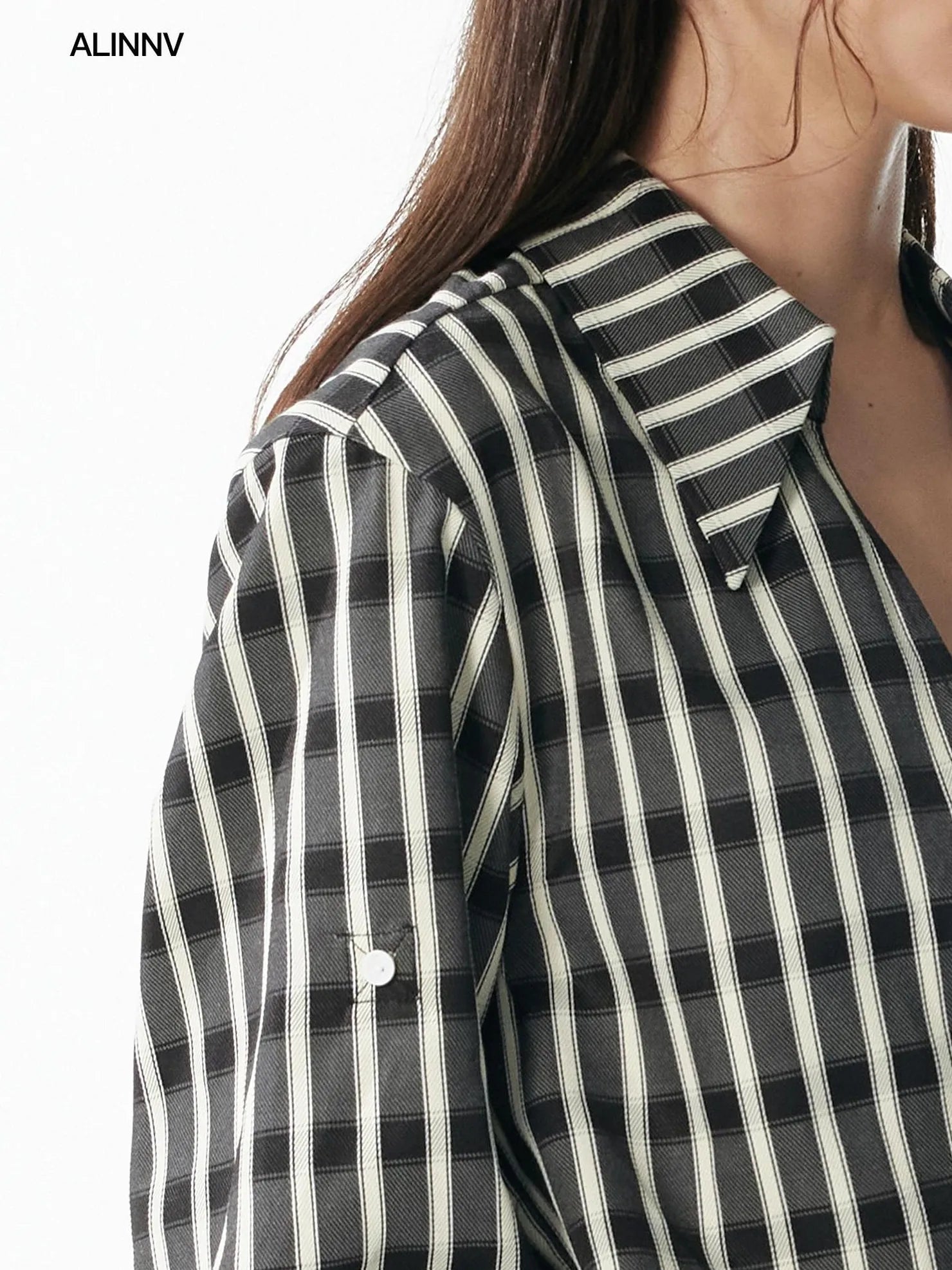 ALINNV STUDIO Classic Check Deep V Long Sleeve Shirt &amp; Wide Leg Pants Set Shirts