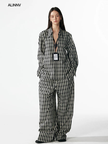 ALINNV STUDIO Classic Check Deep V Long Sleeve Shirt &amp; Wide Leg Pants Set Shirts