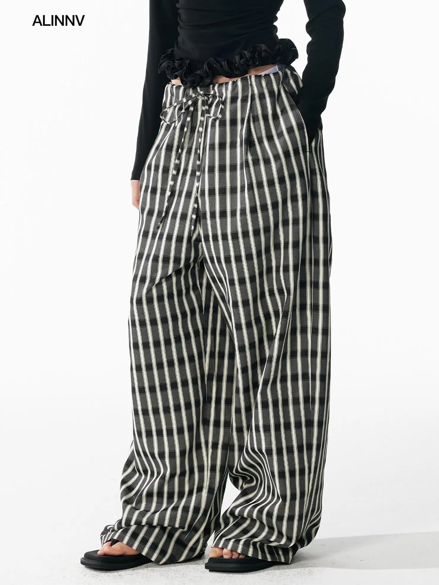 ALINNV STUDIO Classic Check Deep V Long Sleeve Shirt &amp; Wide Leg Pants Set Shirts