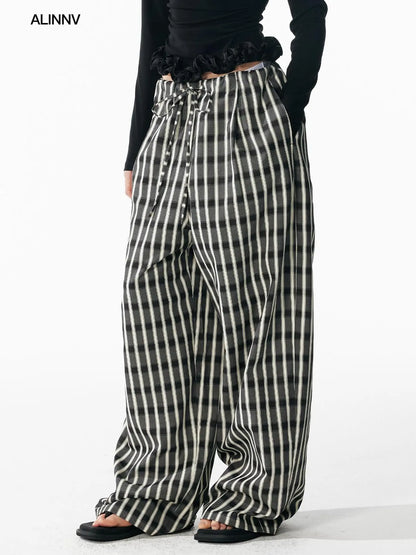 ALINNV STUDIO Classic Check Deep V Long Sleeve Shirt &amp; Wide Leg Pants Set Shirts