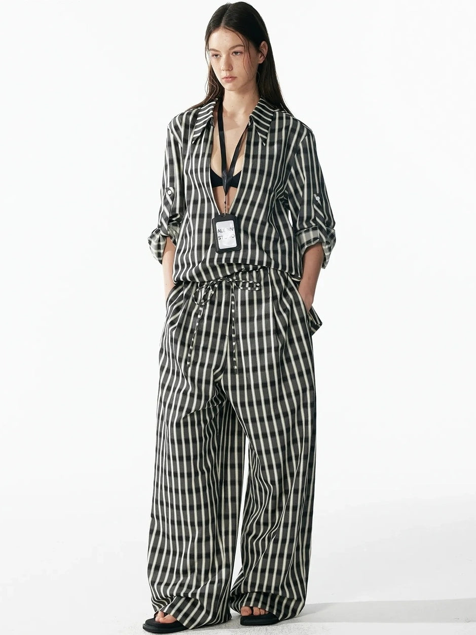 ALINNV STUDIO Classic Check Deep V Long Sleeve Shirt &amp; Wide Leg Pants Set Shirts