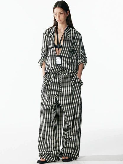 ALINNV STUDIO Classic Check Deep V Long Sleeve Shirt &amp; Wide Leg Pants Set Shirts