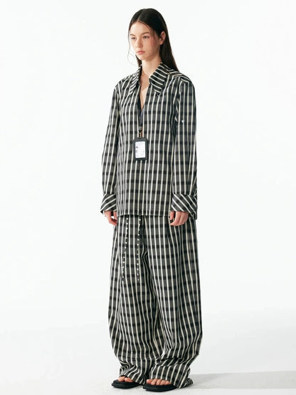 ALINNV STUDIO Classic Check Deep V Long Sleeve Shirt &amp; Wide Leg Pants Set Shirts
