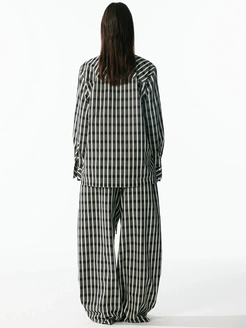 ALINNV STUDIO Classic Check Deep V Long Sleeve Shirt &amp; Wide Leg Pants Set Shirts