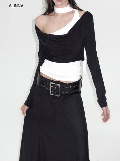 ALINNV STUDIO Contrast Color Layered Cowl Neck Long Sleeve Top T-shirt