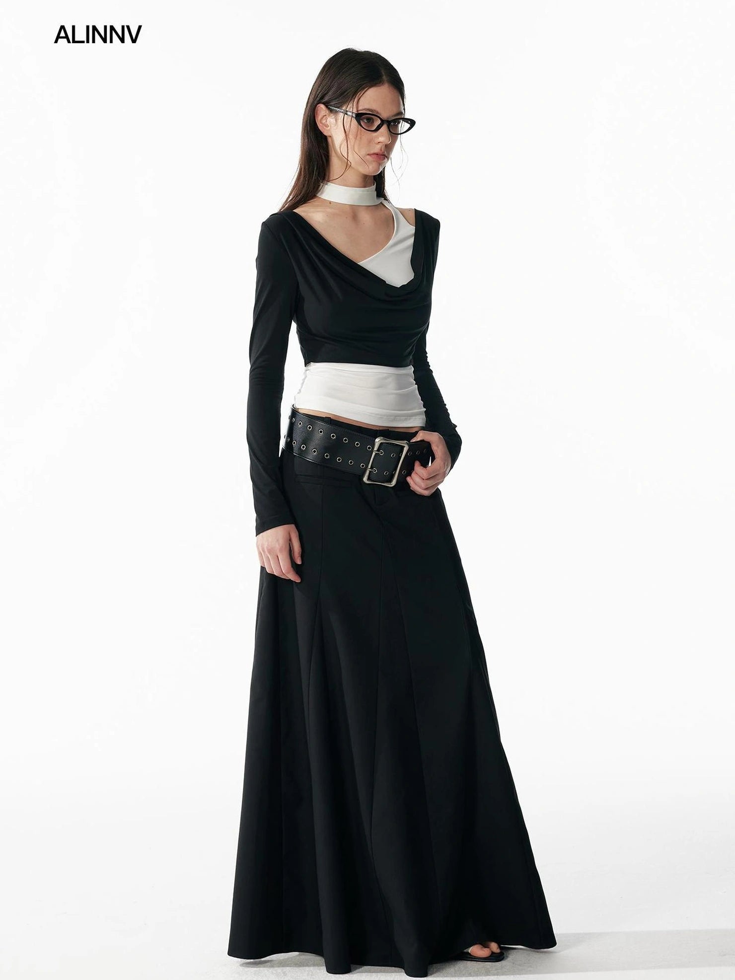 ALINNV STUDIO Contrast Color Layered Cowl Neck Long Sleeve Top T-shirt