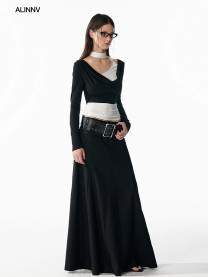 ALINNV STUDIO Contrast Color Layered Cowl Neck Long Sleeve Top T-shirt