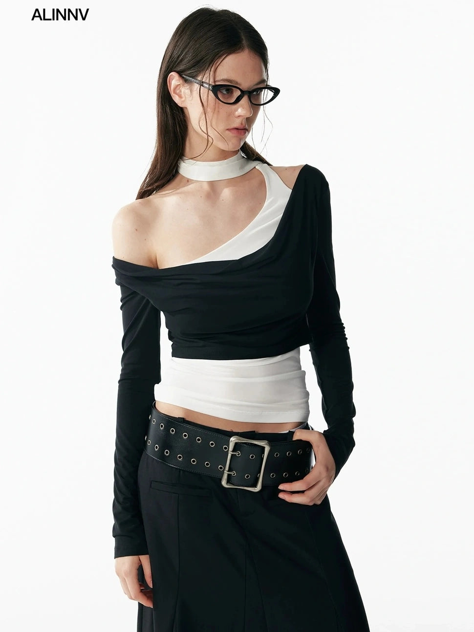 ALINNV STUDIO Contrast Color Layered Cowl Neck Long Sleeve Top T-shirt