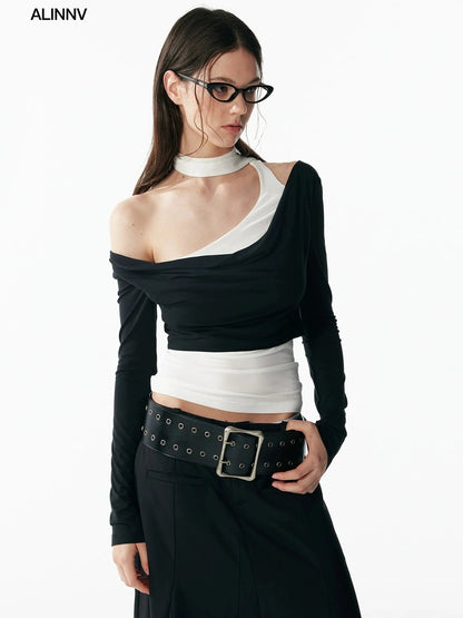 ALINNV STUDIO Contrast Color Layered Cowl Neck Long Sleeve Top T-shirt