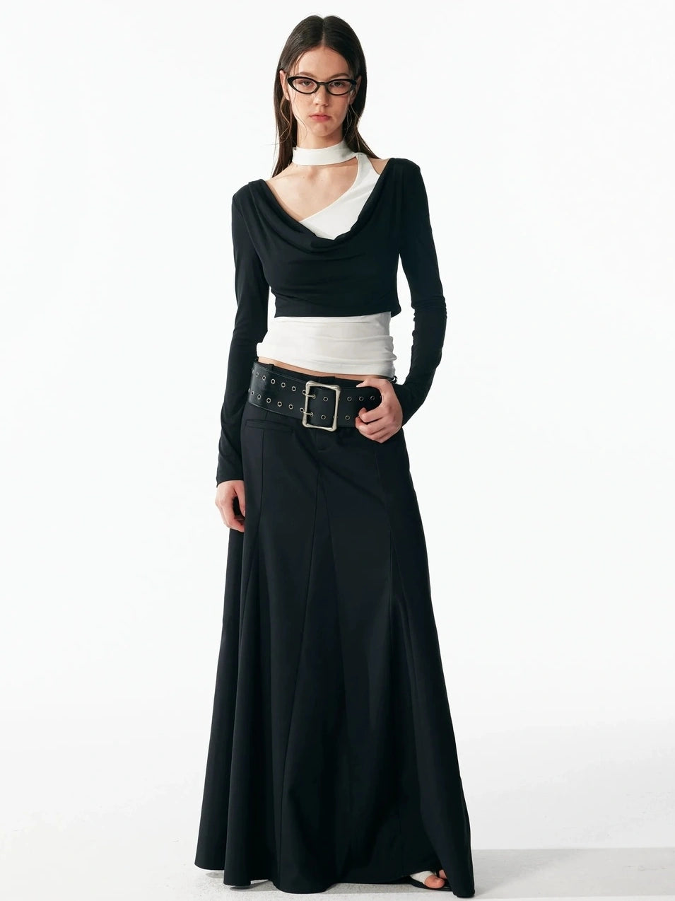 ALINNV STUDIO Contrast Color Layered Cowl Neck Long Sleeve Top T-shirt