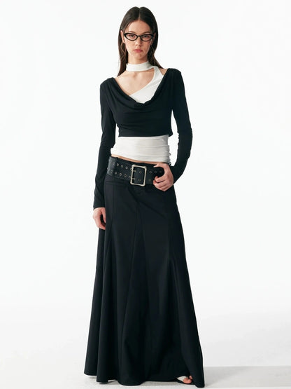 ALINNV STUDIO Contrast Color Layered Cowl Neck Long Sleeve Top T-shirt