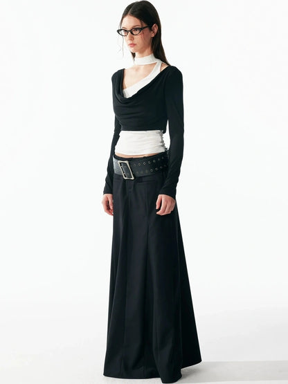 ALINNV STUDIO Contrast Color Layered Cowl Neck Long Sleeve Top T-shirt