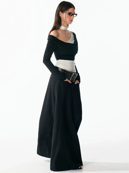 ALINNV STUDIO Contrast Color Layered Cowl Neck Long Sleeve Top T-shirt