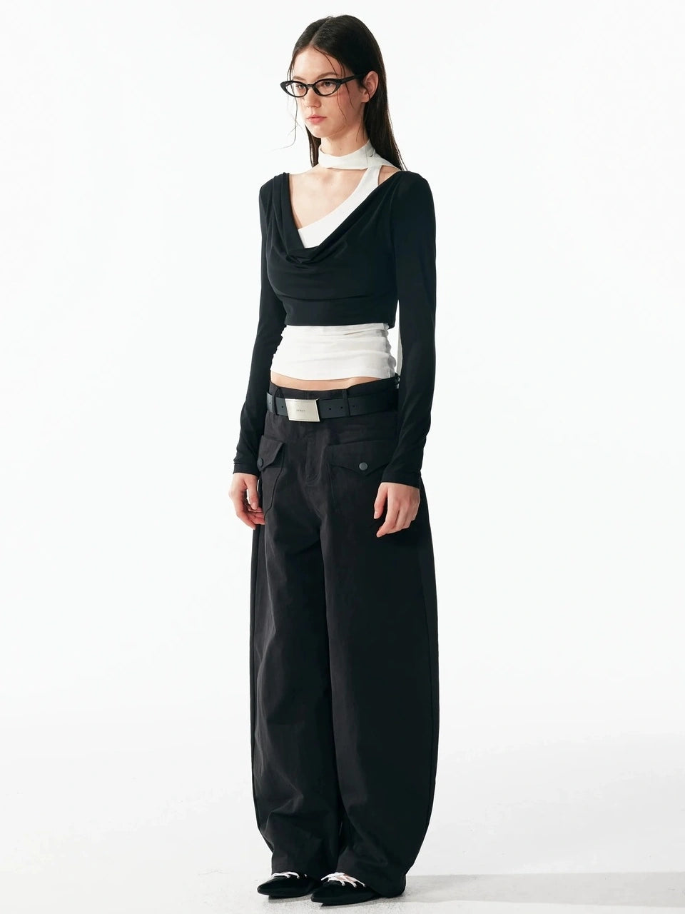 ALINNV STUDIO Contrast Color Layered Cowl Neck Long Sleeve Top T-shirt