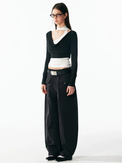 ALINNV STUDIO Contrast Color Layered Cowl Neck Long Sleeve Top T-shirt