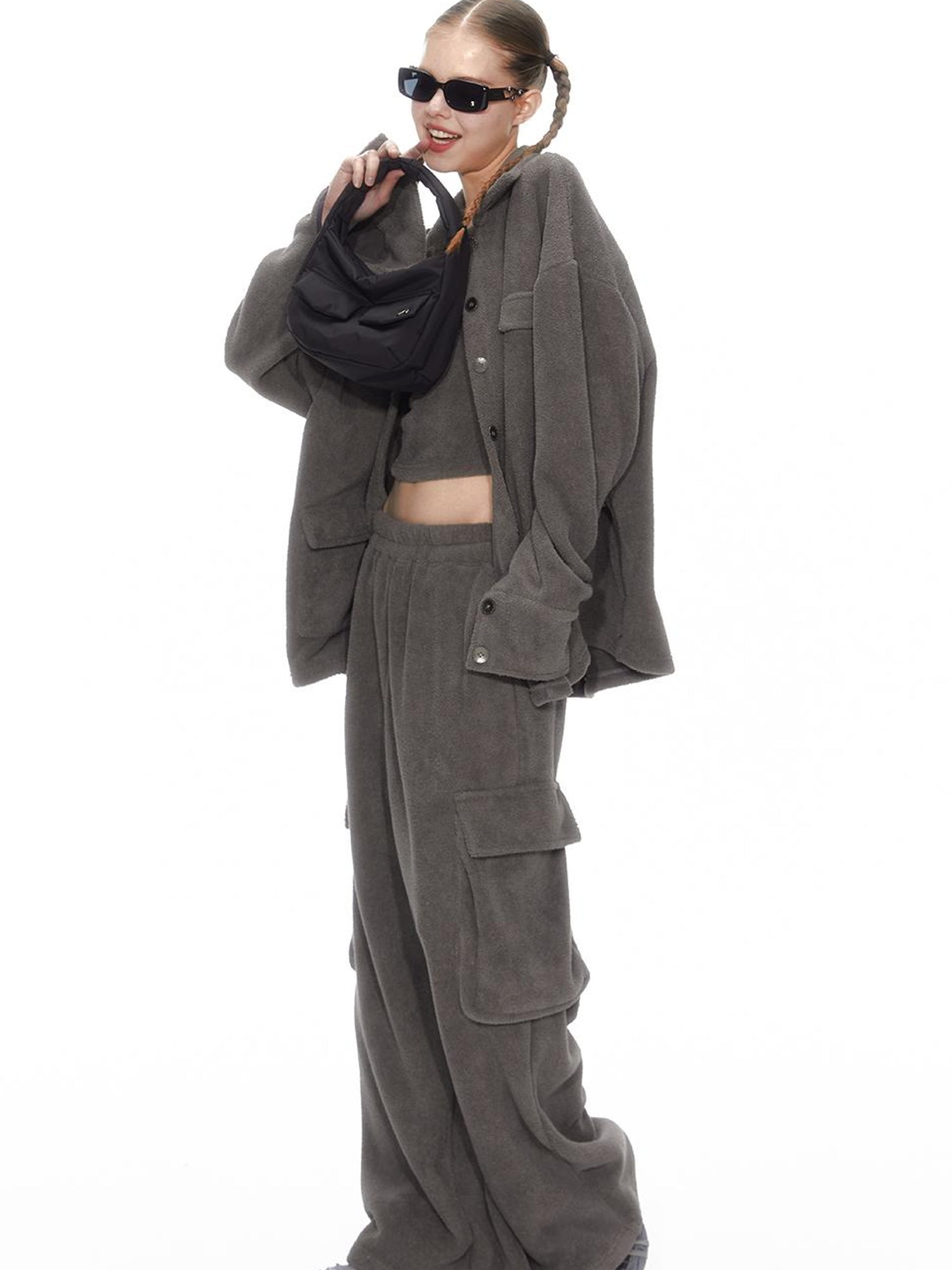 Cozy Fleece Loungewear Set With Wide Leg Pants
