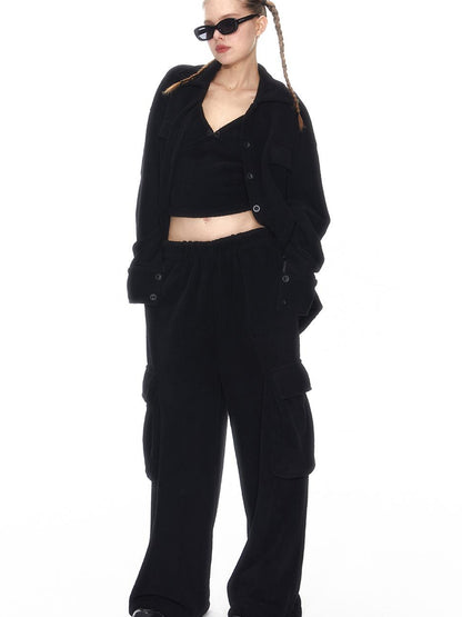 Cozy Fleece Loungewear Set With Wide Leg Pants