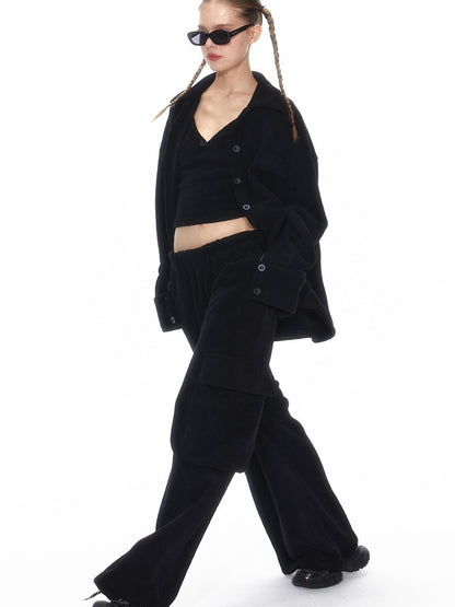 Cozy Fleece Loungewear Set With Wide Leg Pants