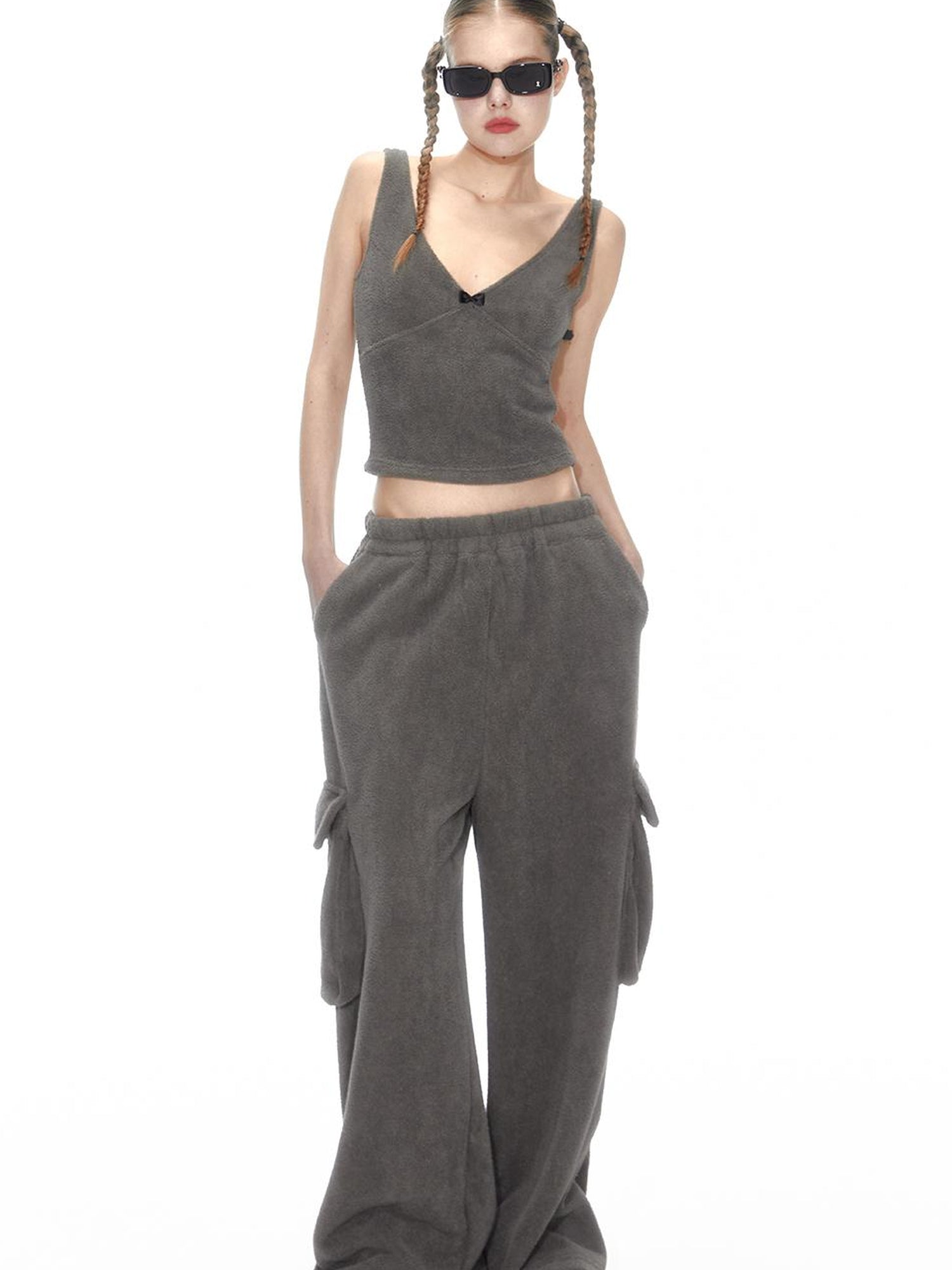 Cozy Fleece Loungewear Set With Wide Leg Pants