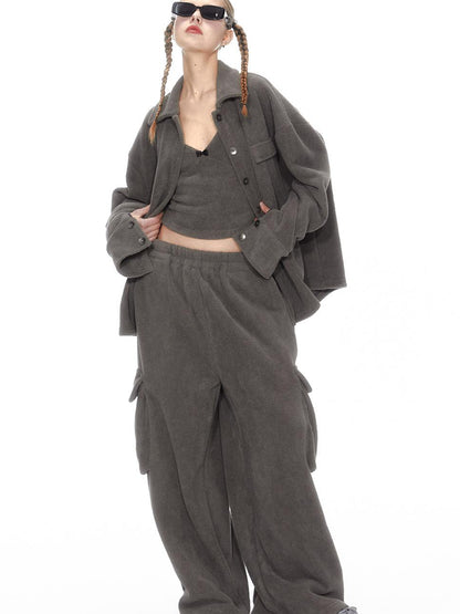 Cozy Fleece Loungewear Set With Wide Leg Pants