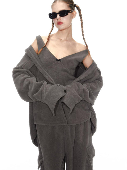 Cozy Fleece Loungewear Set With Wide Leg Pants