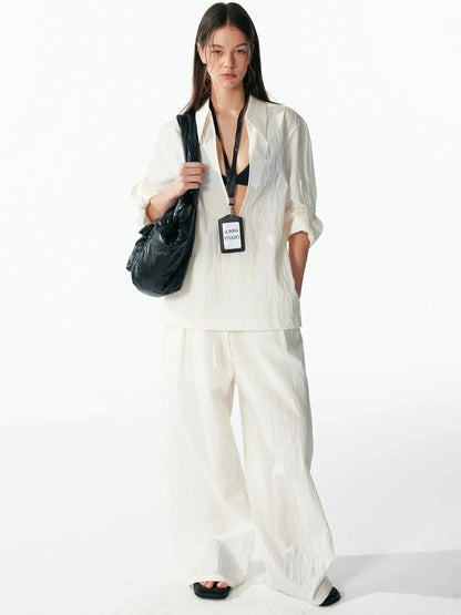 ALINNV STUDIO Deep V Linen Shirt Wide Leg Pants Set Shirts