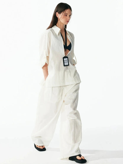 ALINNV STUDIO Deep V Linen Shirt Wide Leg Pants Set Shirts