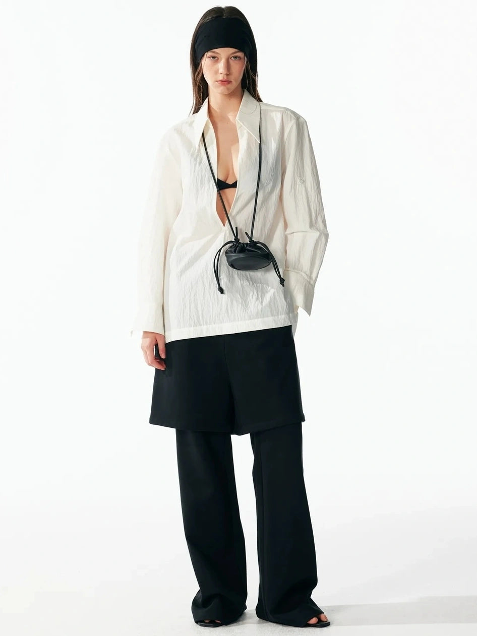 ALINNV STUDIO Deep V Linen Shirt Wide Leg Pants Set Shirts