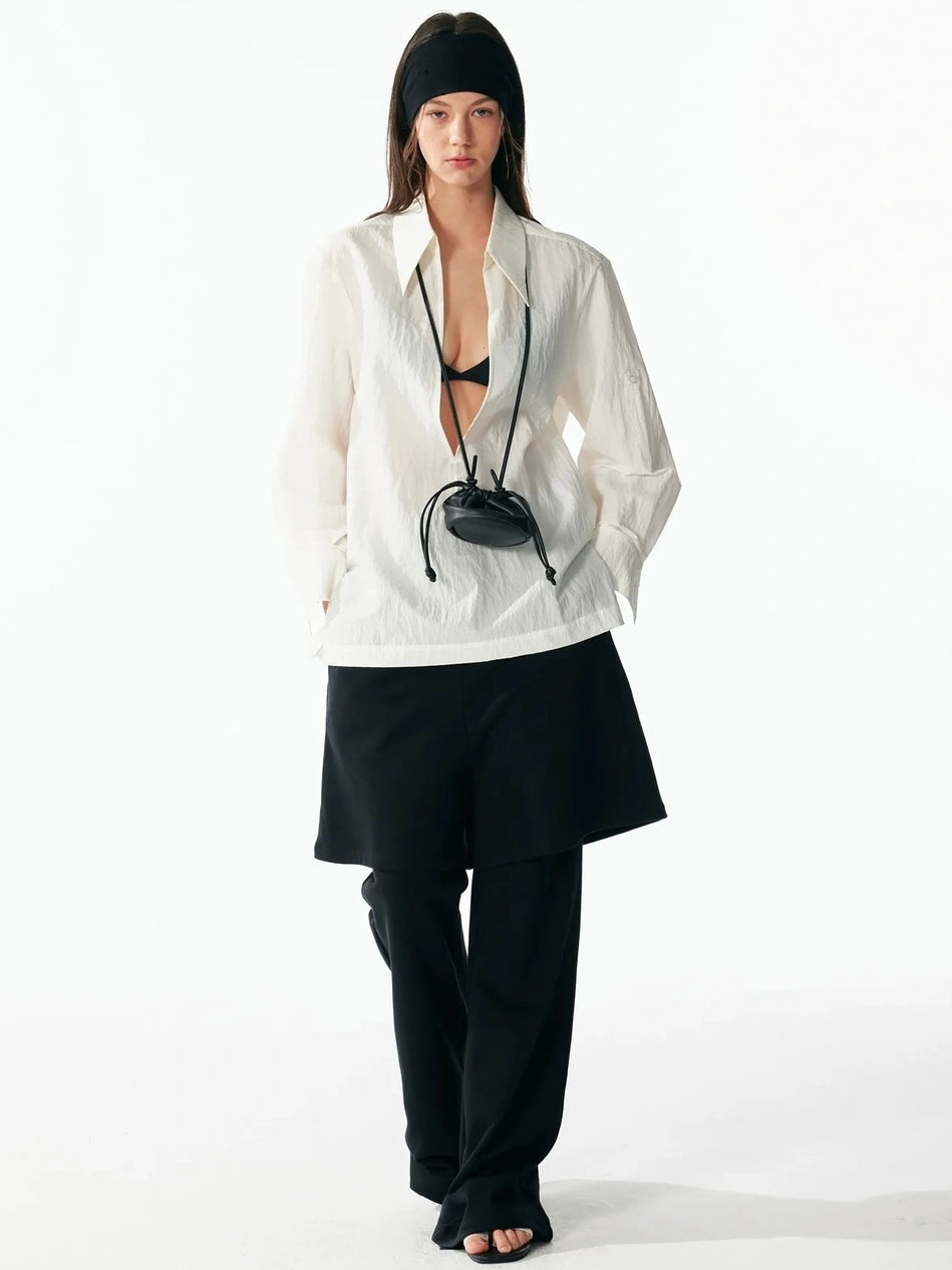 ALINNV STUDIO Deep V Linen Shirt Wide Leg Pants Set Shirts