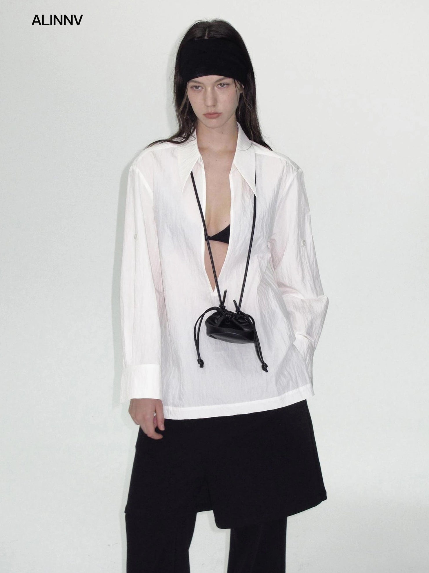 ALINNV STUDIO Deep V Linen Shirt Wide Leg Pants Set Shirts