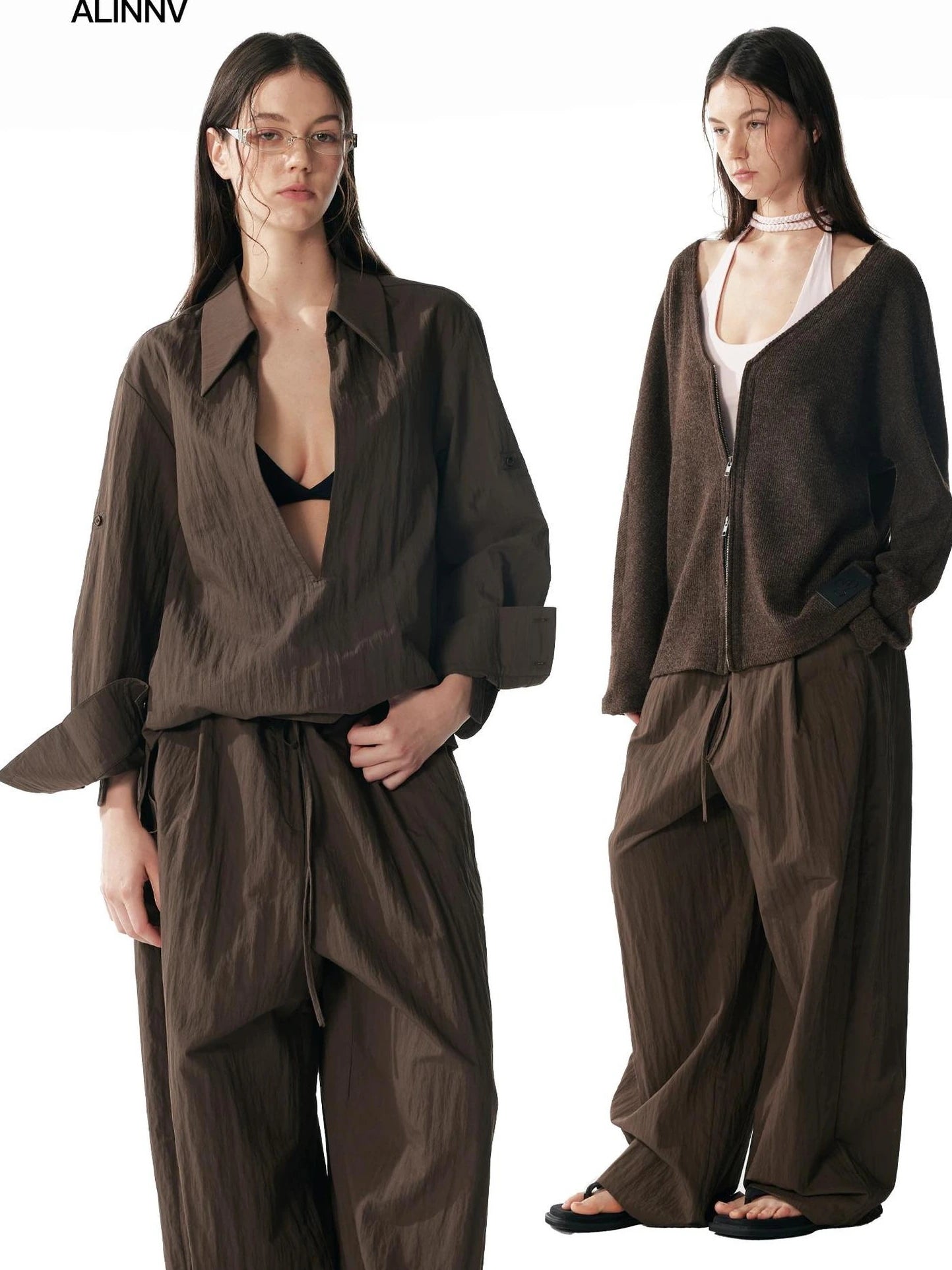 ALINNV STUDIO Deep V Linen Shirt Wide Leg Pants Set Shirts