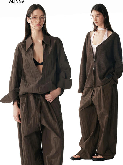 ALINNV STUDIO Deep V Linen Shirt Wide Leg Pants Set Shirts