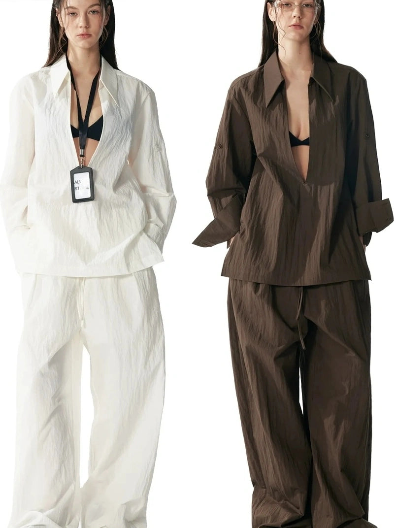 ALINNV STUDIO Deep V Linen Shirt Wide Leg Pants Set Shirts