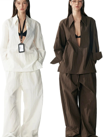 ALINNV STUDIO Deep V Linen Shirt Wide Leg Pants Set Shirts