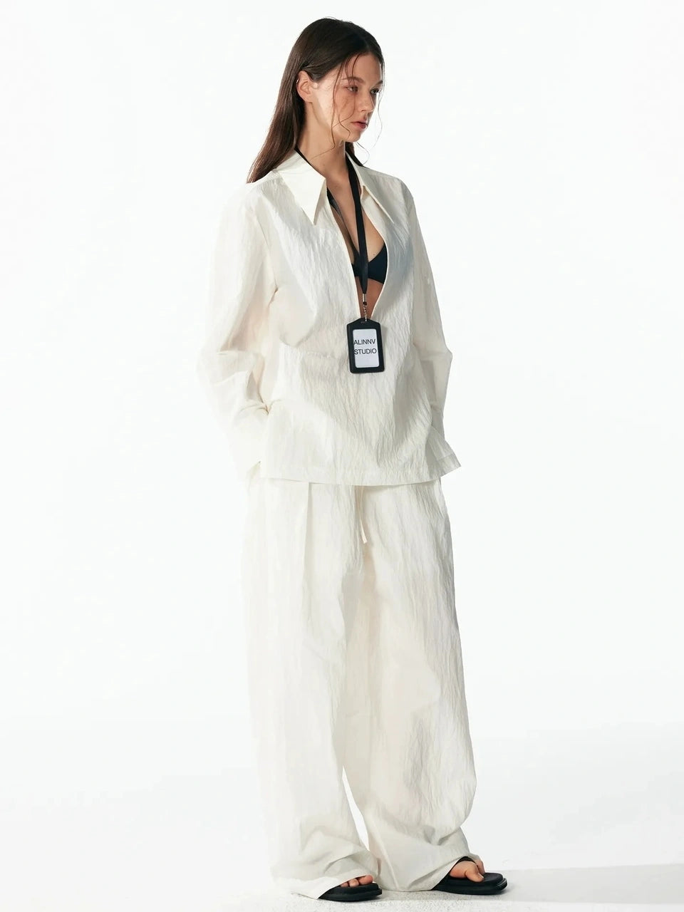ALINNV STUDIO Deep V Linen Shirt Wide Leg Pants Set Shirts