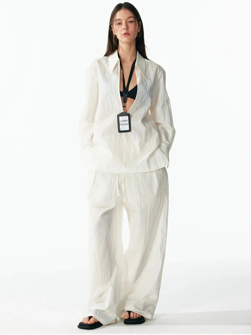 ALINNV STUDIO Deep V Linen Shirt Wide Leg Pants Set Shirts